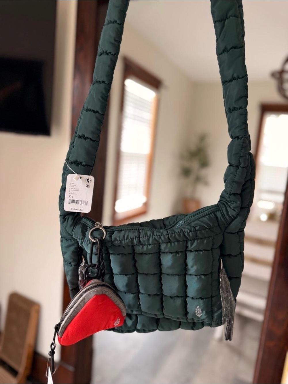 Free People Quilted Forest Green Shoulder Bag with Red Key Pouch